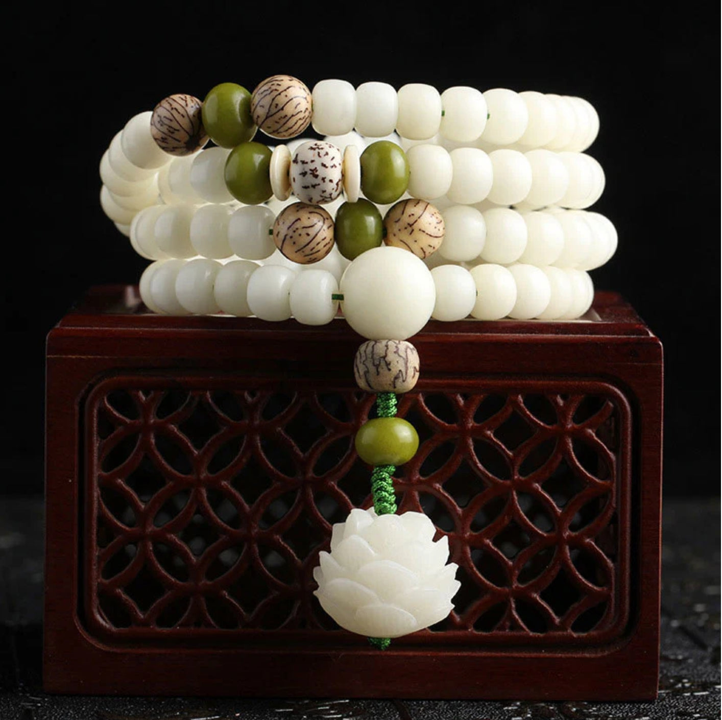 Buddha Stones White Jade Bodhi Lotus Mala Harmony Necklace Bracelet