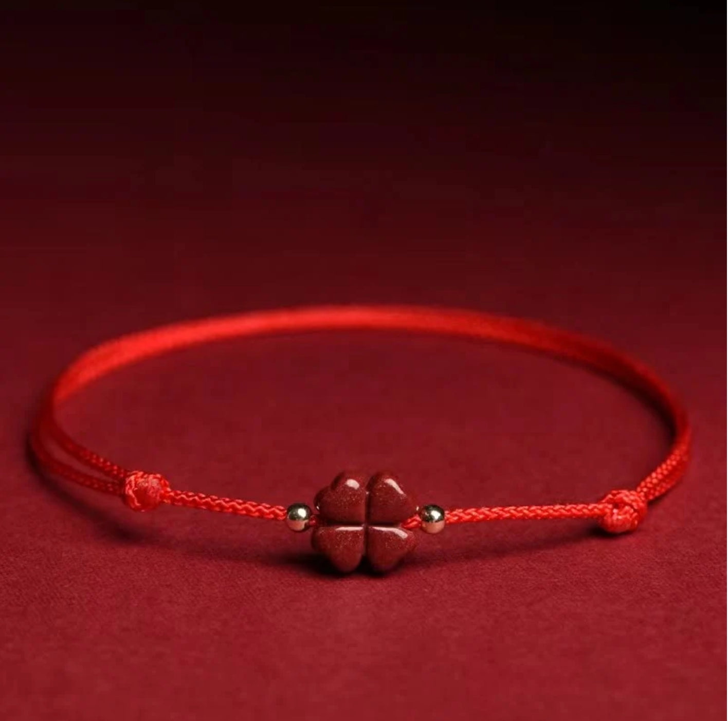 Buddha Stones Natural Cinnabar Four Leaf Clover Blessing Red String Bracelet Anklet