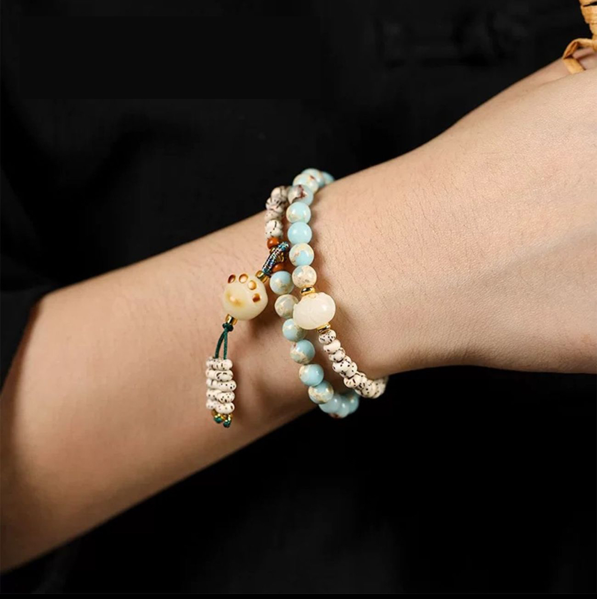 Buddha Star‑&‑Moon Bodhi Seed & Shoushan Stone Double‑Wrap Bracelet with Charcoal‑Fired Lucky Cat Paw Beads – Chinese‑Style Spiritual Birthday Gift
