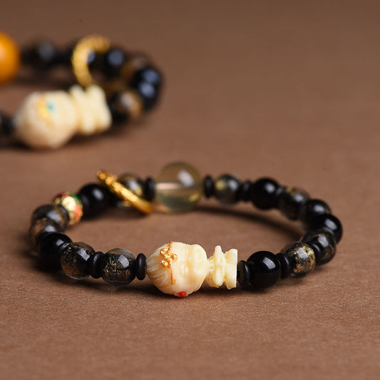 Buddha-Inspired “Heaven's Mandate” Wukong Bracelet – Hand-Carved Ivory Nut with Monkey King Totem | Oriental Spiritual Bead Jewelry for Men & Women