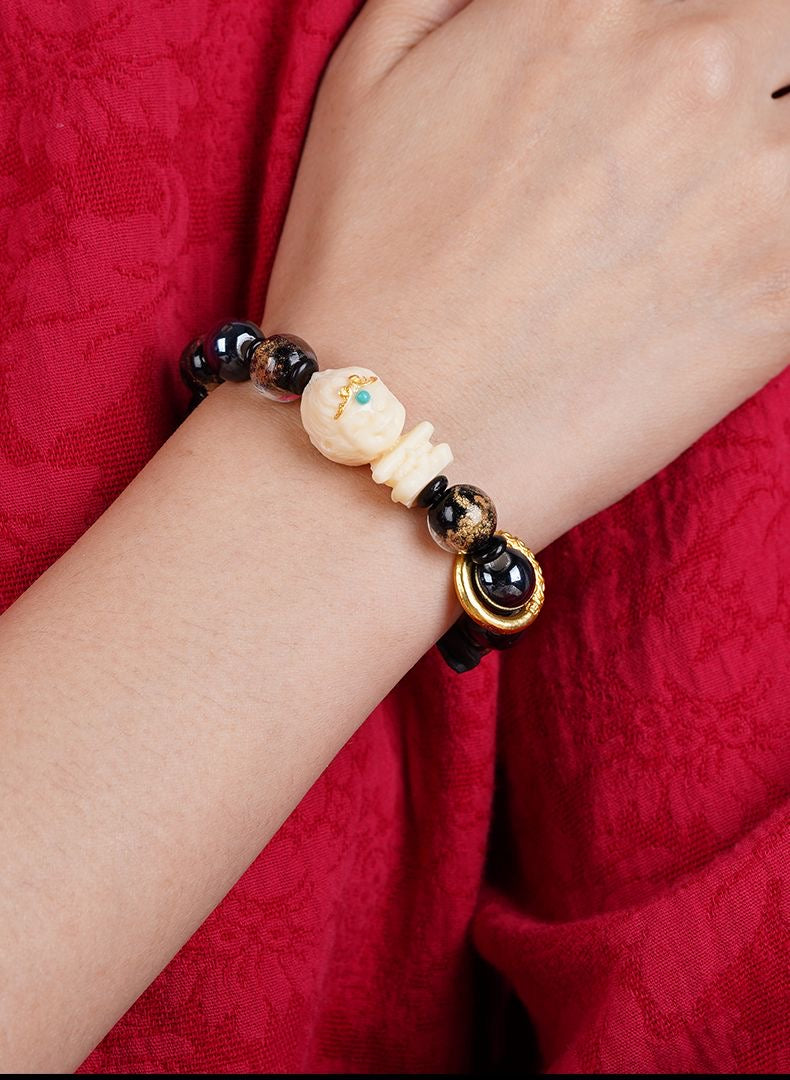 Buddha-Inspired “Heaven's Mandate” Wukong Bracelet – Hand-Carved Ivory Nut with Monkey King Totem | Oriental Spiritual Bead Jewelry for Men & Women