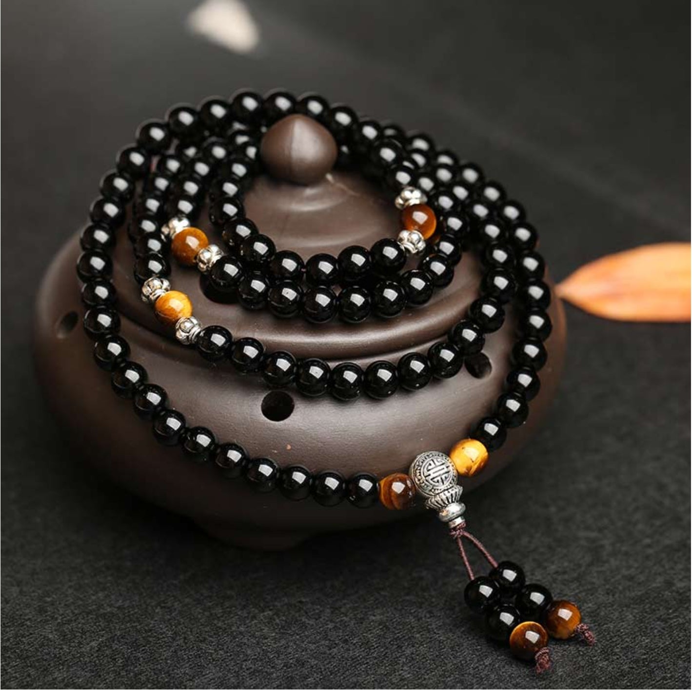 Buddha Stones Black Obsidian Tiger Eye Blessing Mala Bracelet