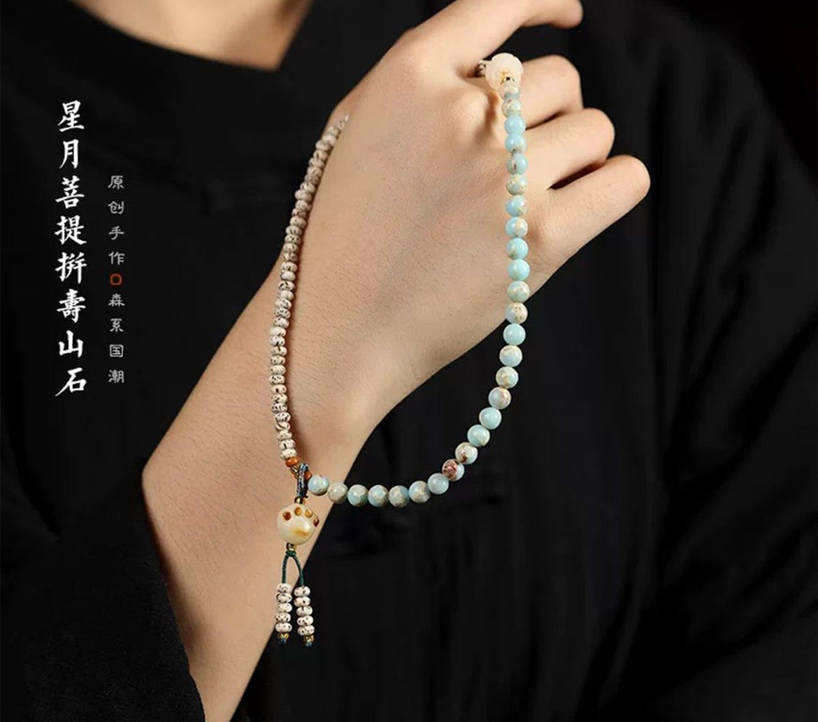 Buddha Star‑&‑Moon Bodhi Seed & Shoushan Stone Double‑Wrap Bracelet with Charcoal‑Fired Lucky Cat Paw Beads – Chinese‑Style Spiritual Birthday Gift