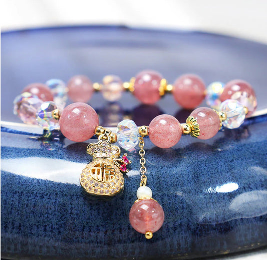 Buddha Stones Natural Strawberry Quartz Crystal Money Bag Charm Positive Bracelet