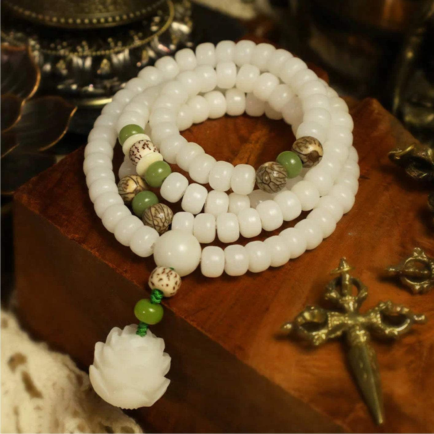 Buddha Stones White Jade Bodhi Lotus Mala Harmony Necklace Bracelet