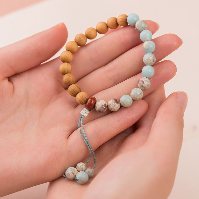 Buddha-Inspired Chinese Style Shoushan Stone, Sandalwood & Thuja Simple Wooden Bracelet β Unisex Vintage Artistic Single-Strand Jewelry