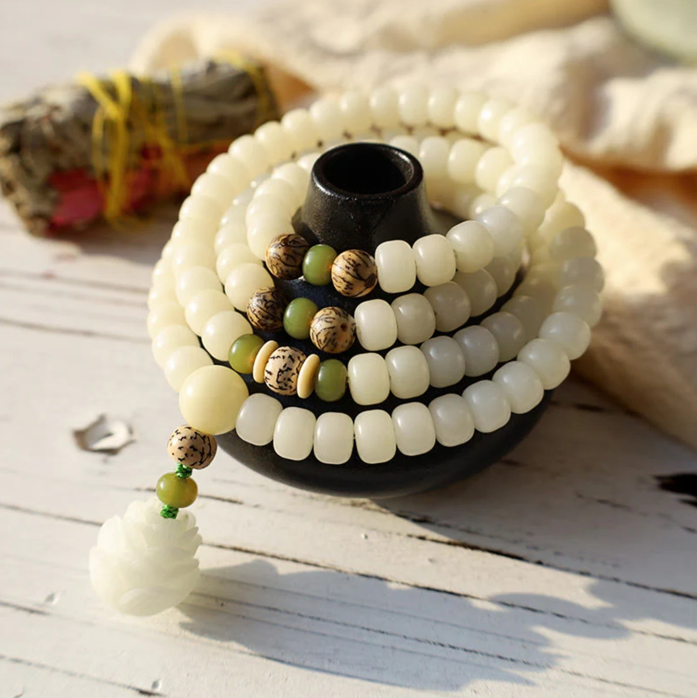 Buddha Stones White Jade Bodhi Lotus Mala Harmony Necklace Bracelet
