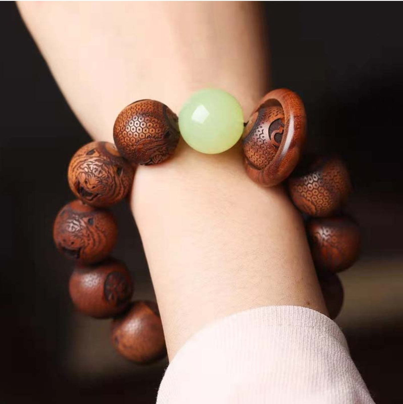 Buddha Stones Tibetan Rosewood Engraving Tiger Protection Bracelet