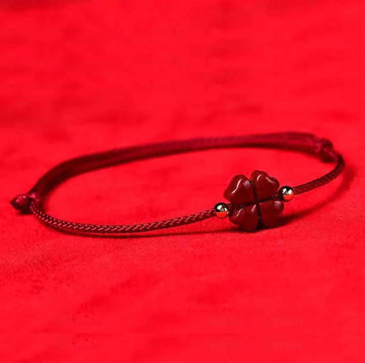 Buddha Stones Natural Cinnabar Four Leaf Clover Blessing Red String Bracelet Anklet