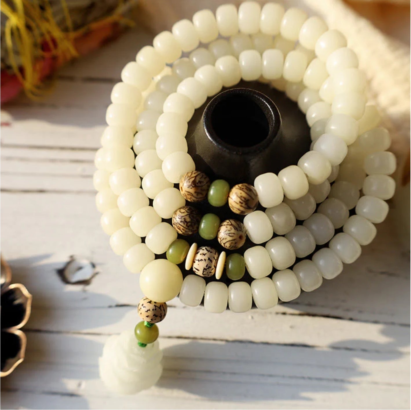 Buddha Stones White Jade Bodhi Lotus Mala Harmony Necklace Bracelet