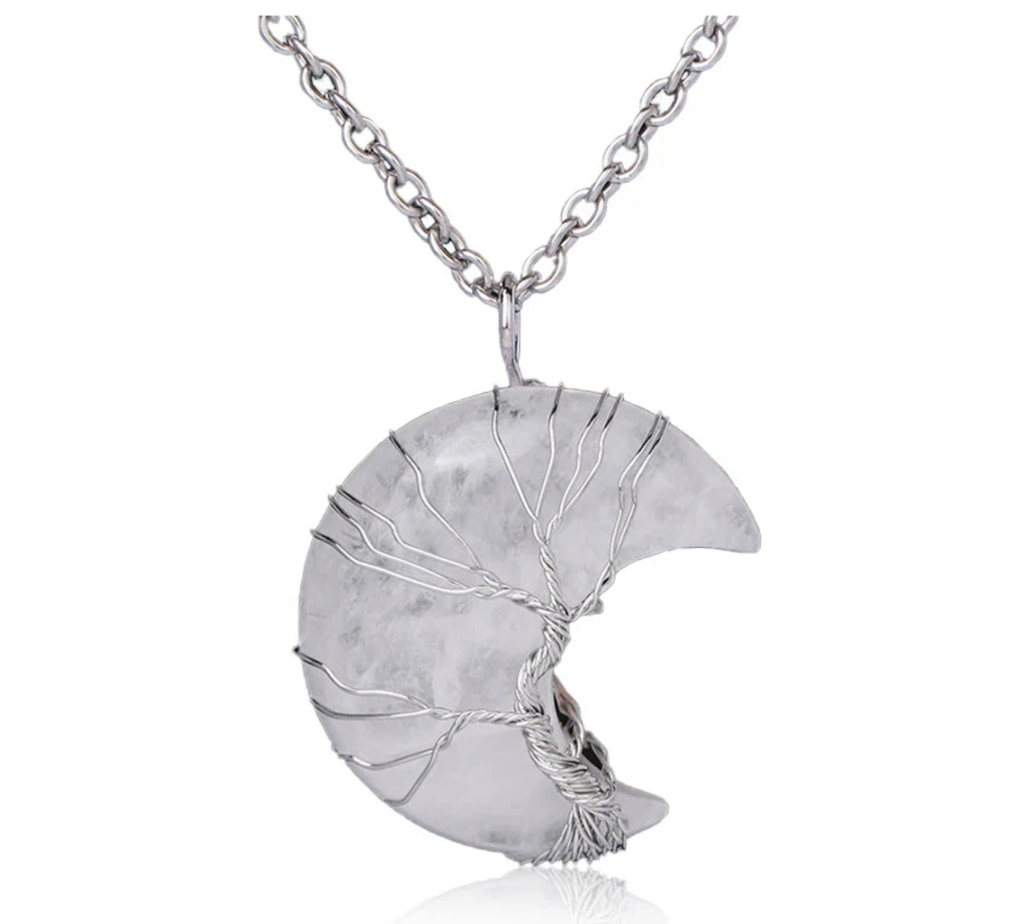 Buddha Stones Natural Quartz Crystal Moon Tree Of Life Healing Energy Necklace Pendant