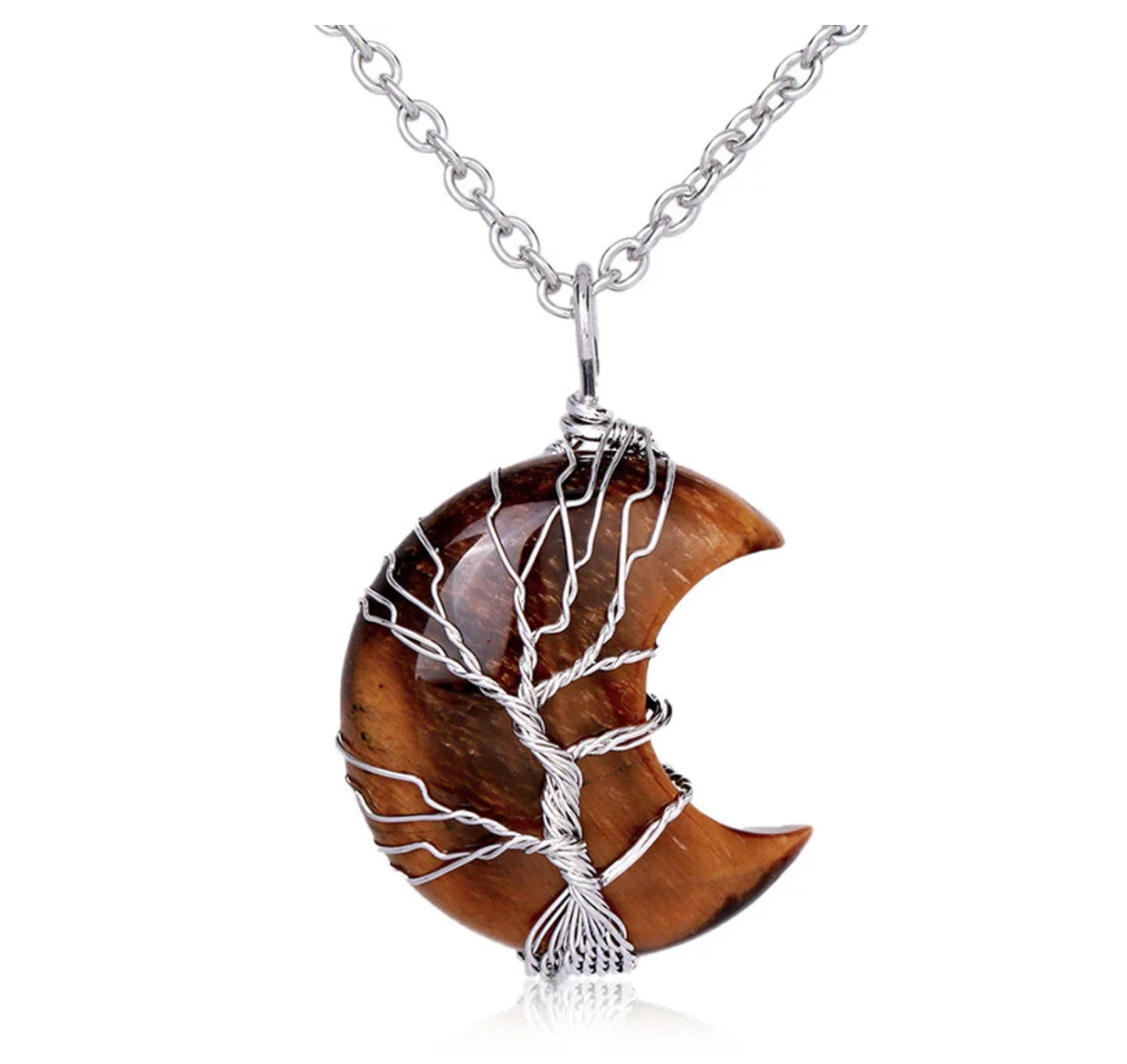 Buddha Stones Natural Quartz Crystal Moon Tree Of Life Healing Energy Necklace Pendant