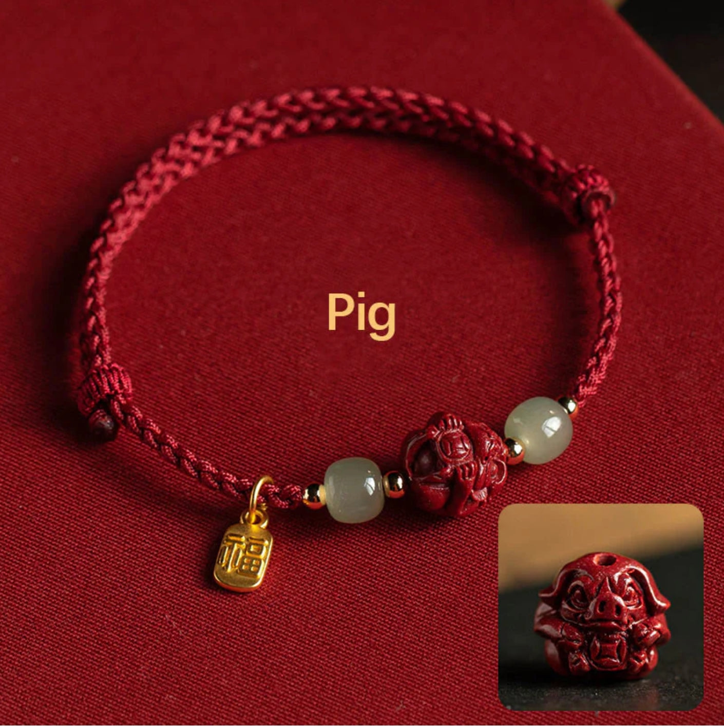 Buddha Stones Natural Cinnabar Chinese Zodiac Hetian Jade Fu Character Luck Rope Bracelet