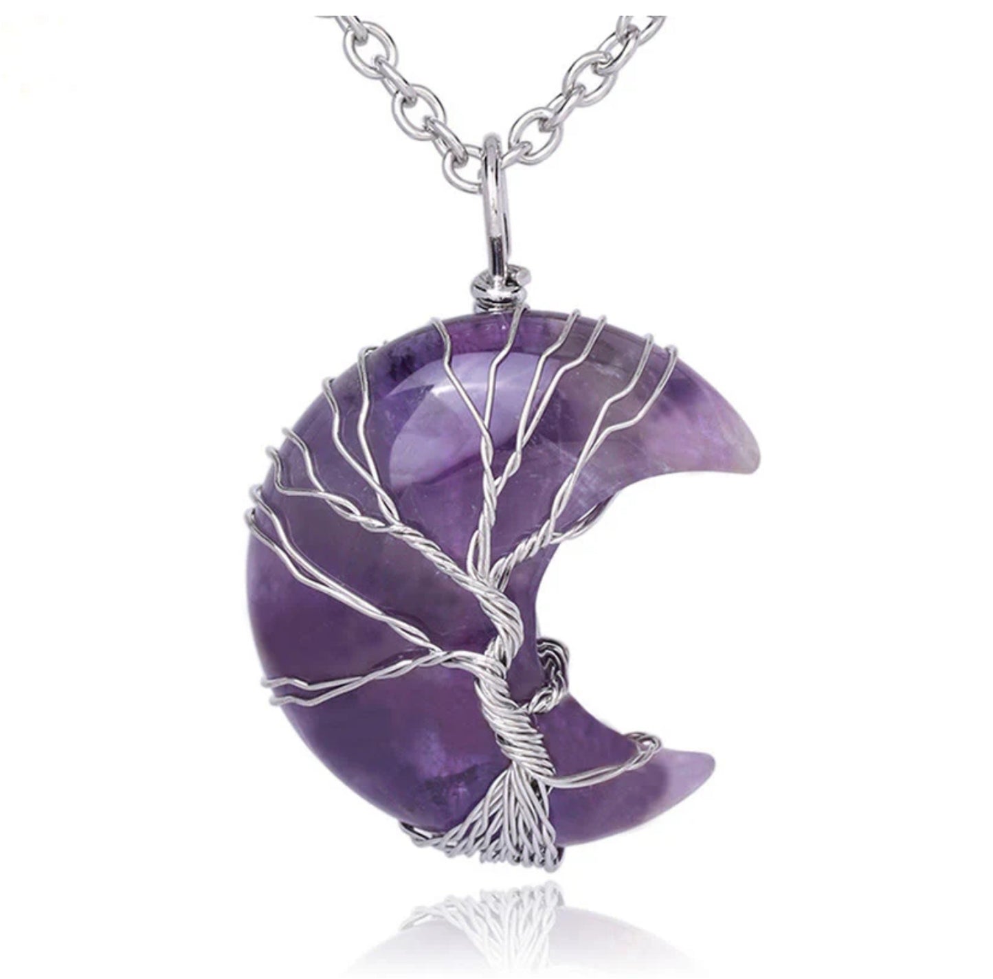 Buddha Stones Natural Quartz Crystal Moon Tree Of Life Healing Energy Necklace Pendant