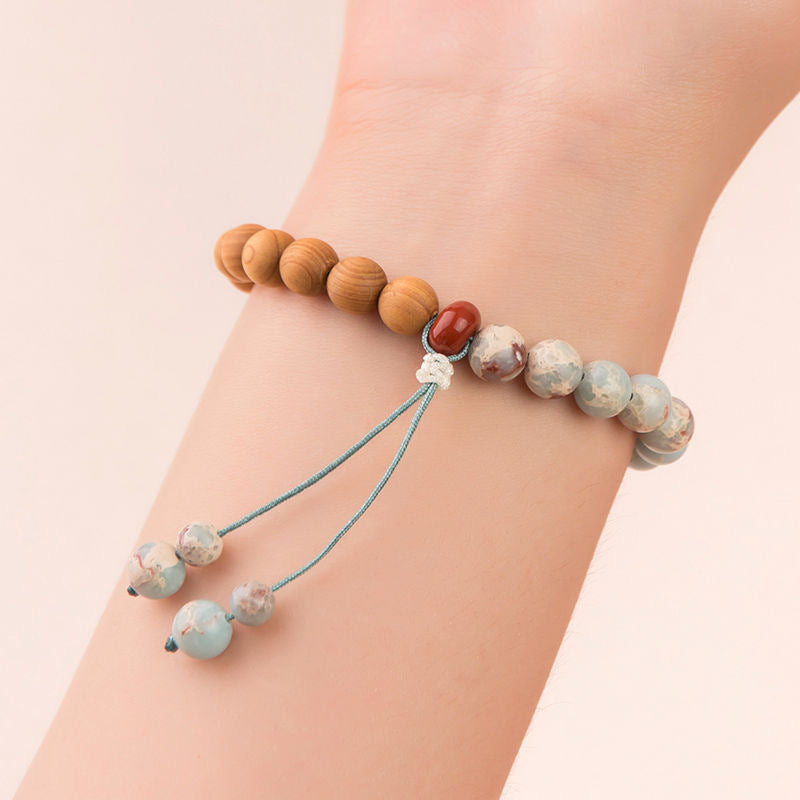Buddha-Inspired Chinese Style Shoushan Stone, Sandalwood & Thuja Simple Wooden Bracelet – Unisex Vintage Artistic Single-Strand Jewelry