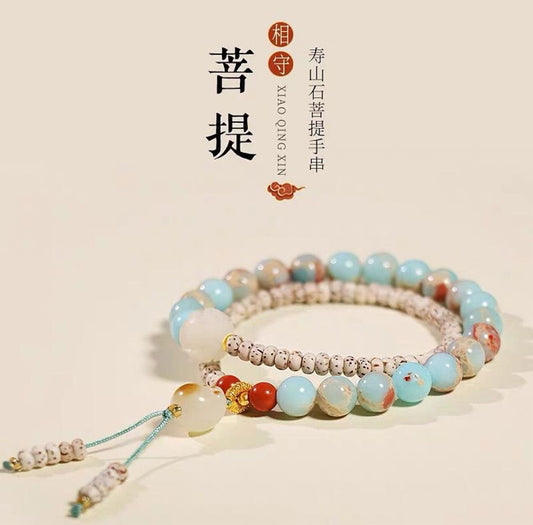 Buddha Star‑&‑Moon Bodhi Seed & Shoushan Stone Double‑Wrap Bracelet with Charcoal‑Fired Lucky Cat Paw Beads – Chinese‑Style Spiritual Birthday Gift