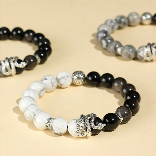Buddha Stones Natural Silver Sheen Obsidian White Turquoise Grey Jasper Snowflake Obsidian Year Of The Snake Protection Bracelet