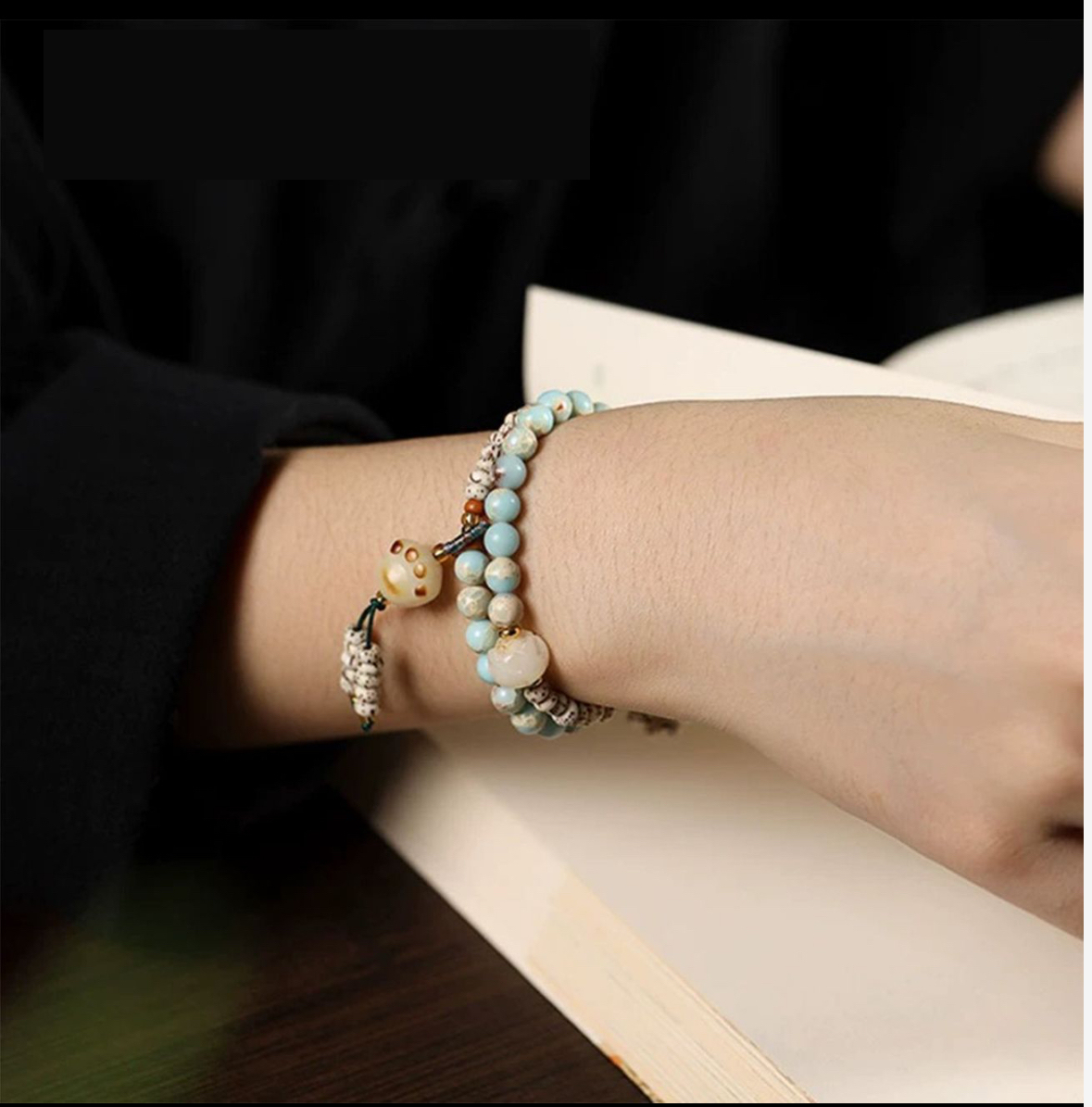 Buddha Star‑&‑Moon Bodhi Seed & Shoushan Stone Double‑Wrap Bracelet with Charcoal‑Fired Lucky Cat Paw Beads – Chinese‑Style Spiritual Birthday Gift