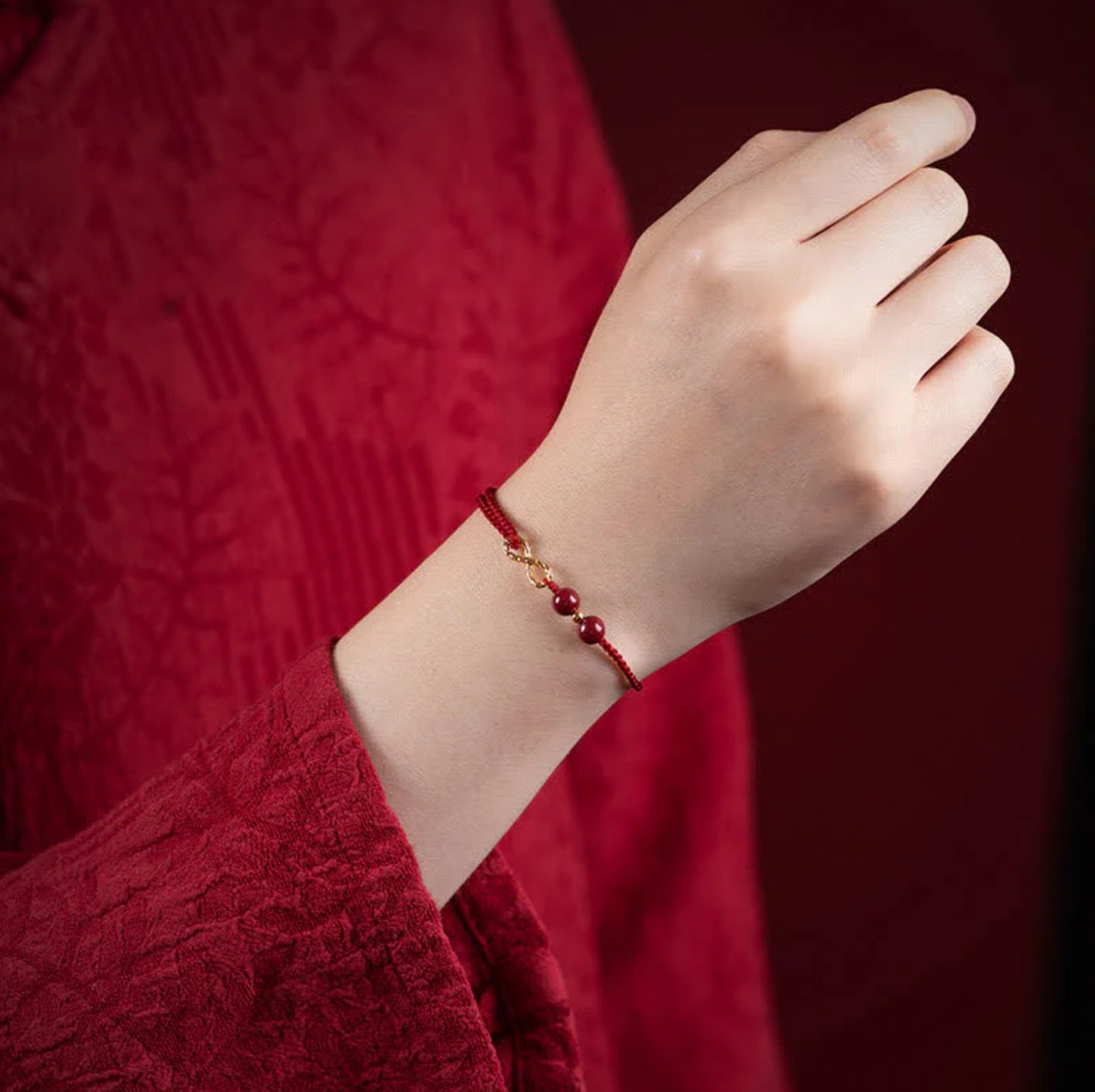 Buddha Stones Cinnabar Blessing Red String 14K Gold Infinity Symbol Bracelet Anklet