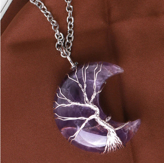Buddha Stones Natural Quartz Crystal Moon Tree Of Life Healing Energy Necklace Pendant