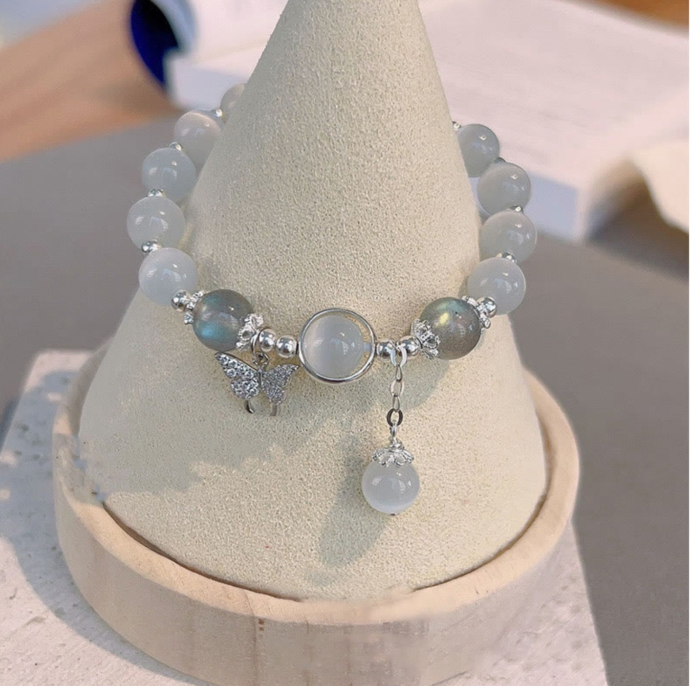 Buddha Stones Cat's Eye Moonstone Butterfly Star Charm Support Bracelet