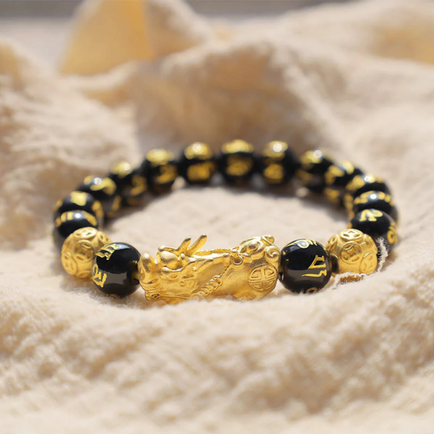 Buddha Stones FengShui PiXiu Obsidian Wealth Bracelet