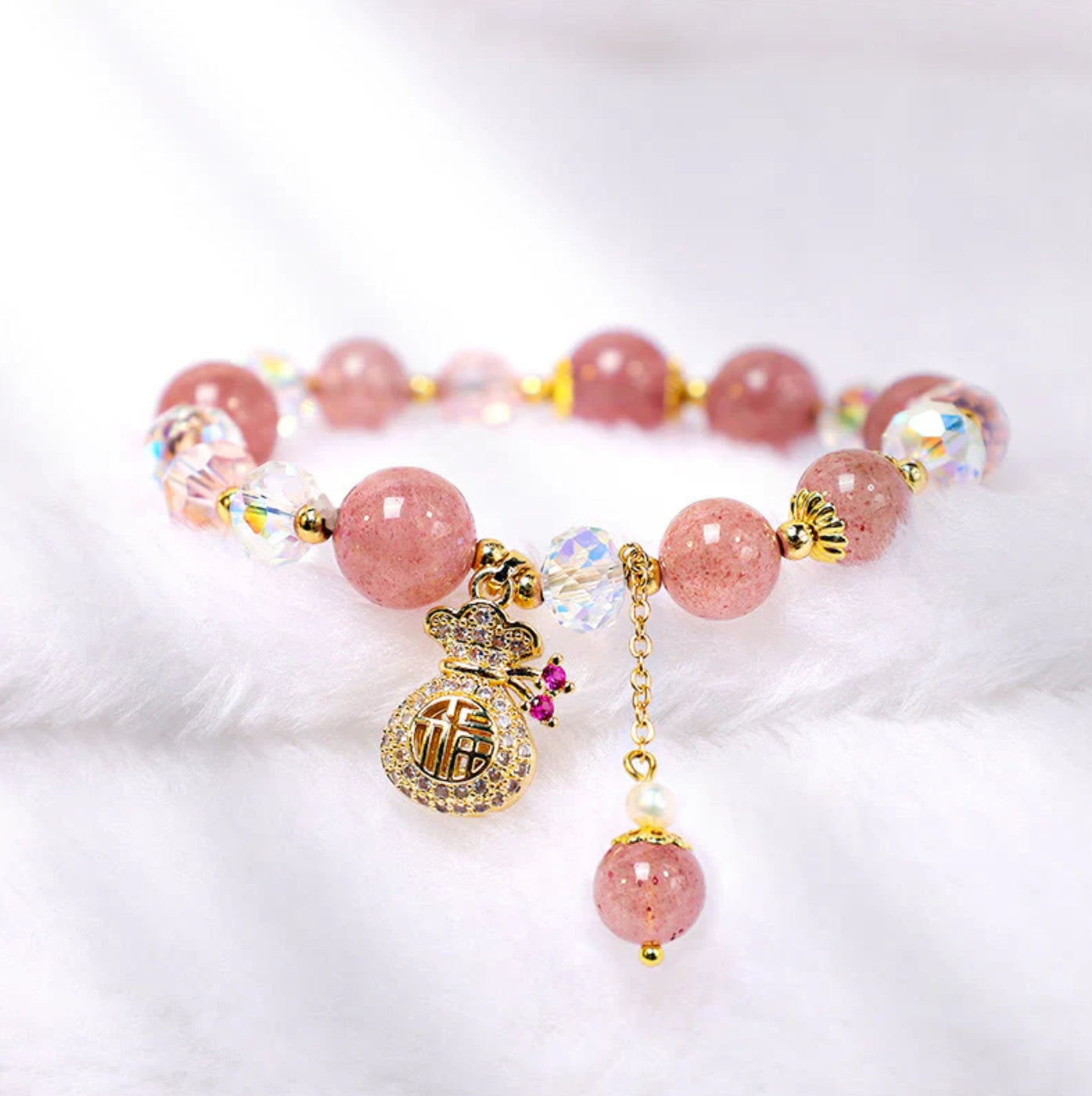 Buddha Stones Natural Strawberry Quartz Crystal Money Bag Charm Positive Bracelet