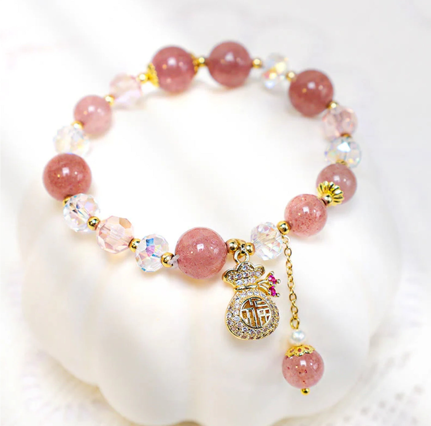 Buddha Stones Natural Strawberry Quartz Crystal Money Bag Charm Positive Bracelet