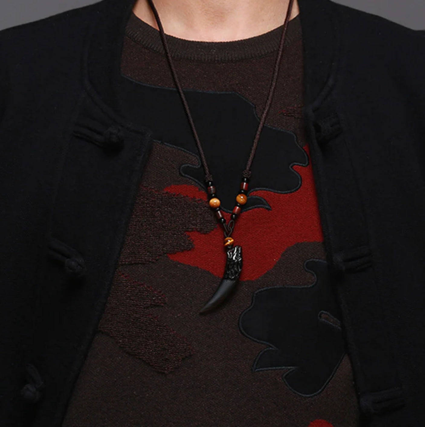 Buddha Stones Natural Ice Obsidian Wolf Tooth Pattern Courage Necklace Pendant