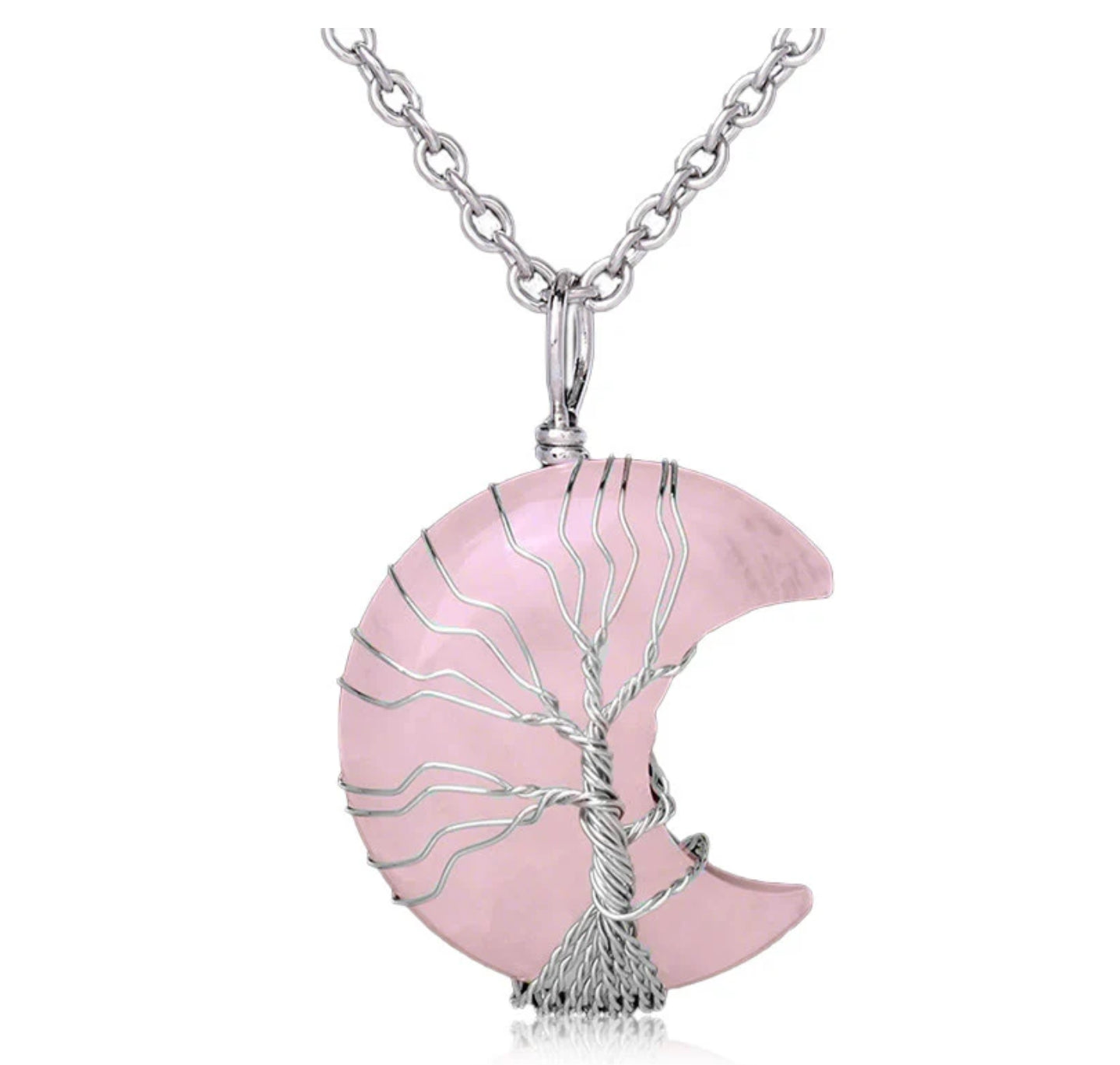 Buddha Stones Natural Quartz Crystal Moon Tree Of Life Healing Energy Necklace Pendant
