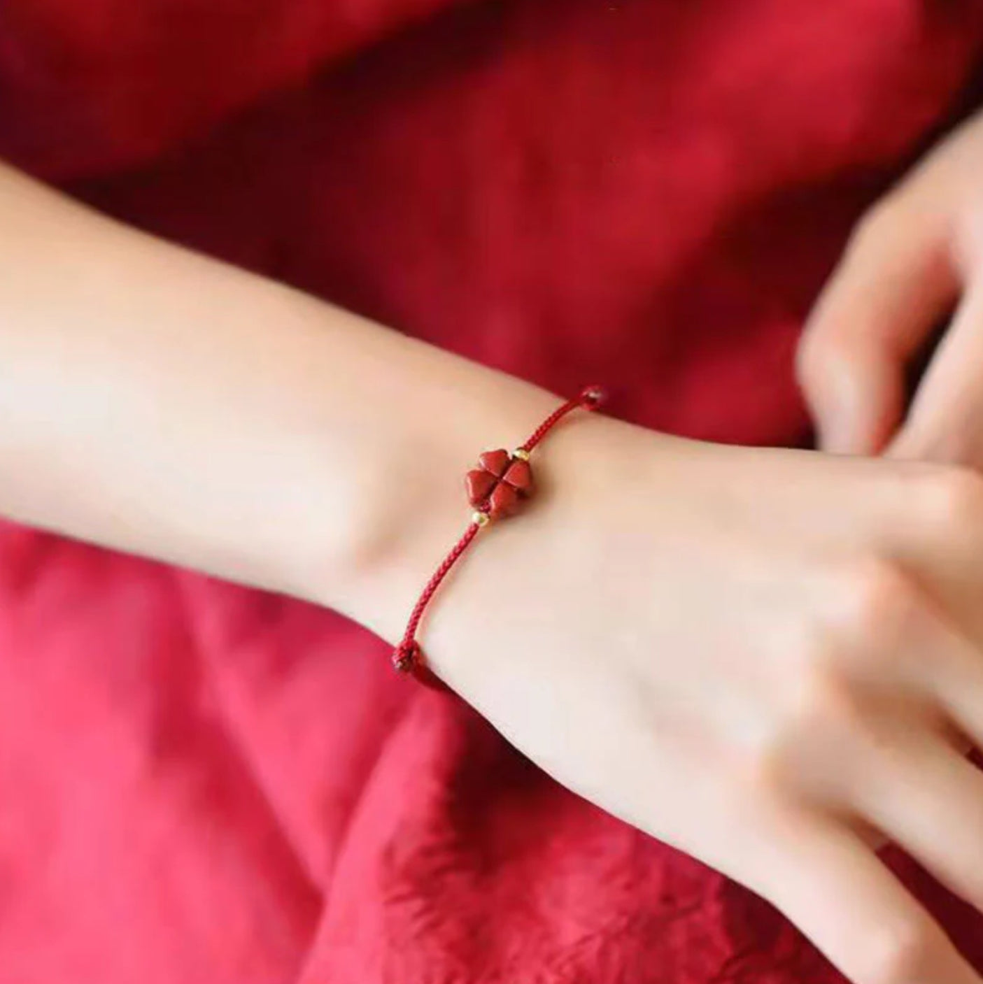 Buddha Stones Natural Cinnabar Four Leaf Clover Blessing Red String Bracelet Anklet