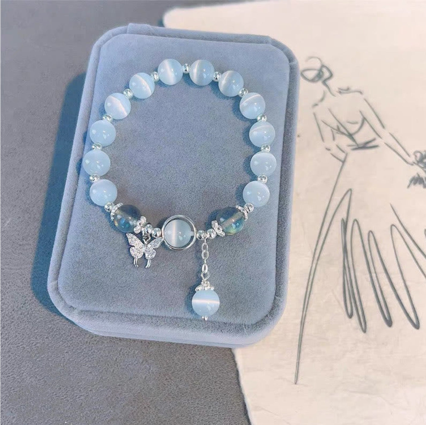 Buddha Stones Cat's Eye Moonstone Butterfly Star Charm Support Bracelet