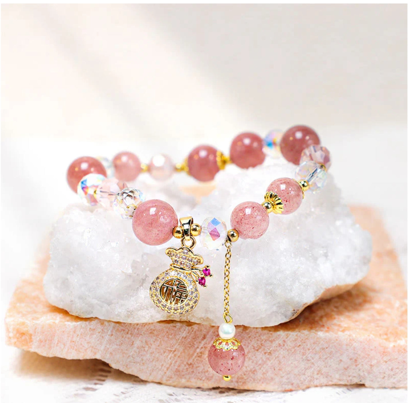 Buddha Stones Natural Strawberry Quartz Crystal Money Bag Charm Positive Bracelet