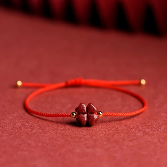 Buddha Stones Natural Cinnabar Four Leaf Clover Blessing Red String Bracelet Anklet