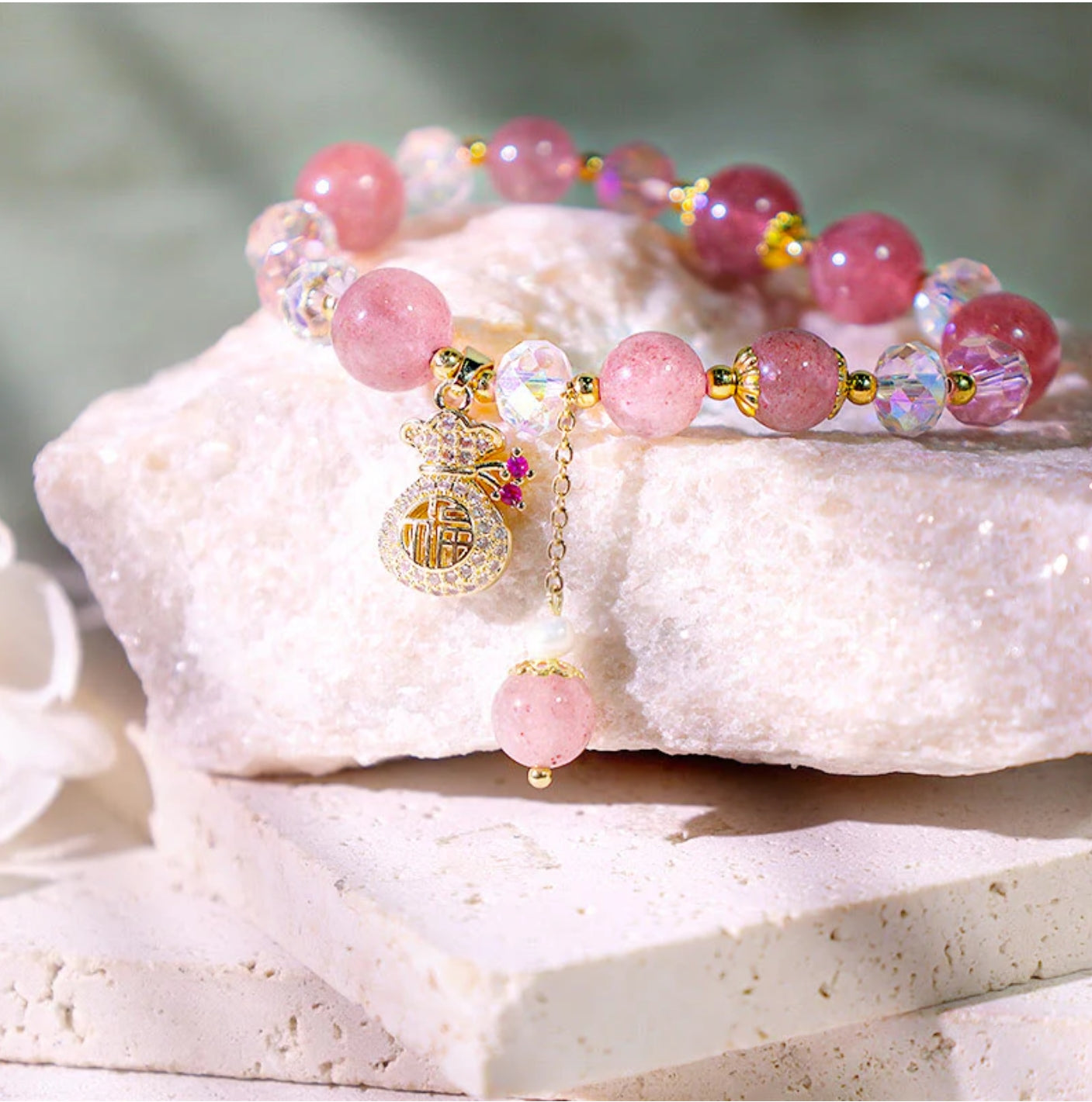 Buddha Stones Natural Strawberry Quartz Crystal Money Bag Charm Positive Bracelet